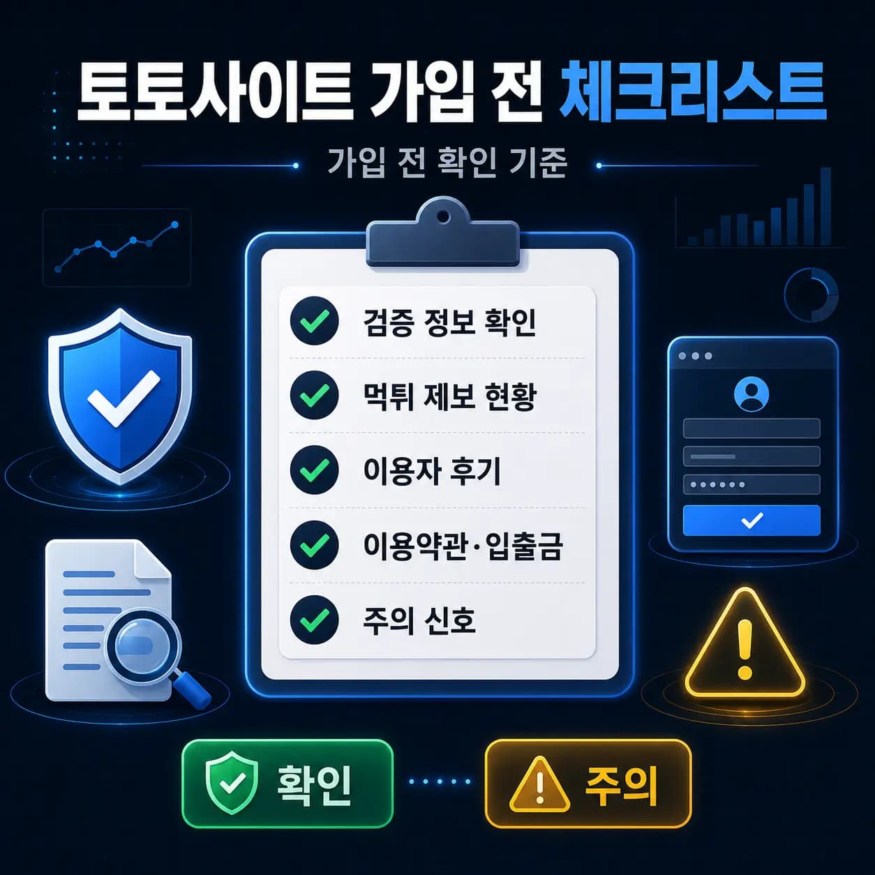 토토사이트 가입 전 체크리스트 인포그래픽 — 검증 정보 확인, 먹튀 제보 현황, 이용자 후기, 이용약관·입출금, 주의 신호
