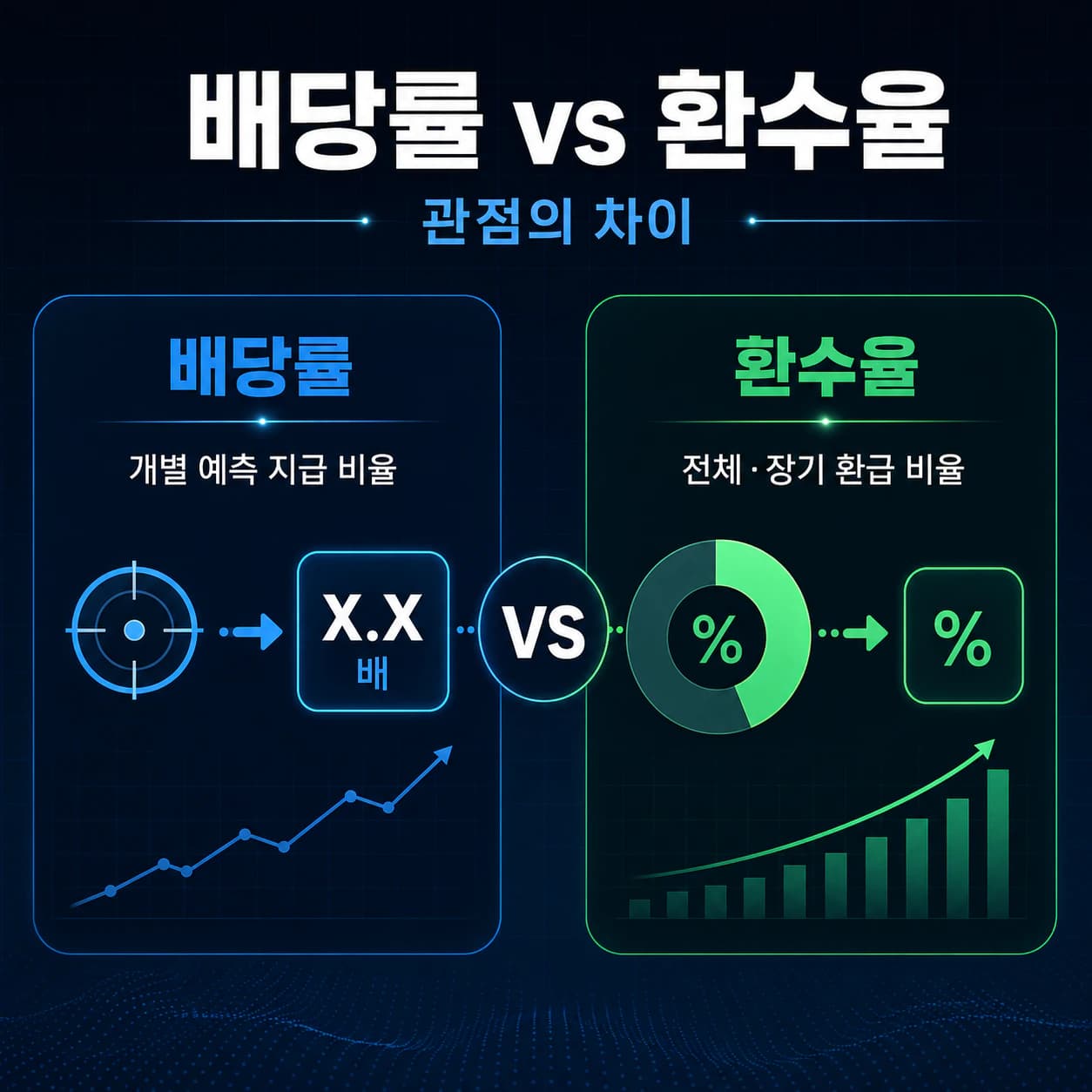 배당률과 환수율 비교 인포그래픽 — 개별 예측 지급 비율과 전체·장기 환급 비율